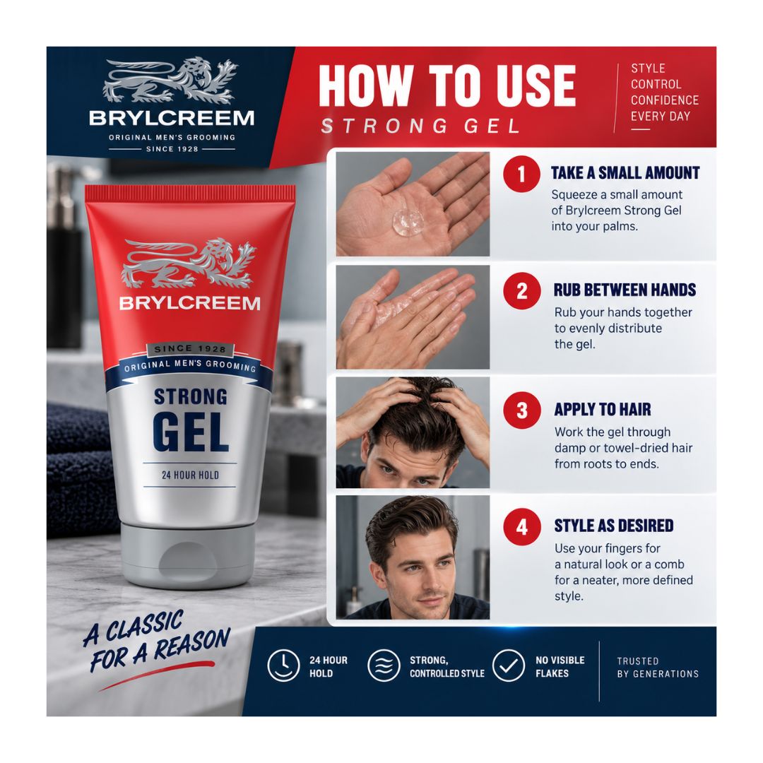 Brylcreem Strong Gel 'HOW TO USE' graphic