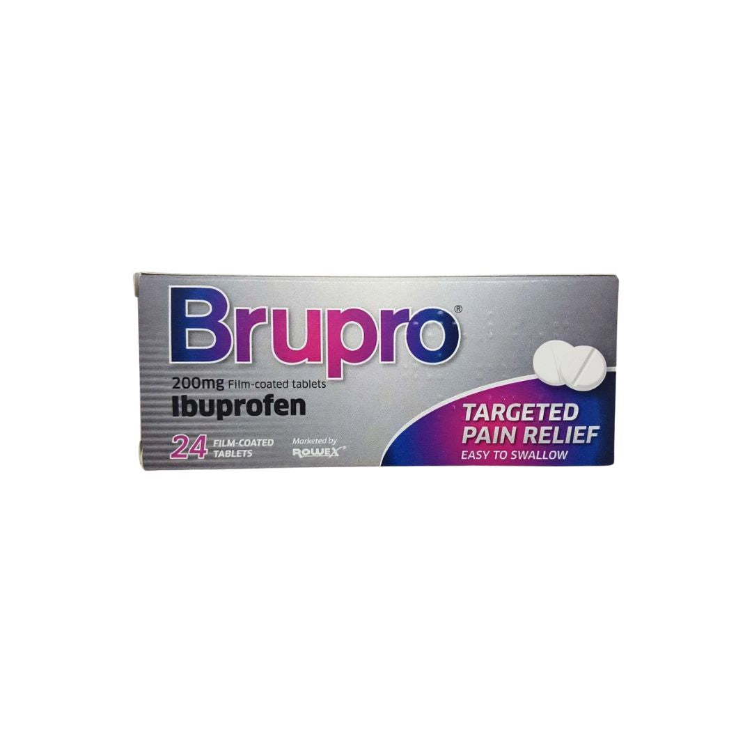 Brupro 200mg Ibuprofen 24 Tablets packaging on a white background