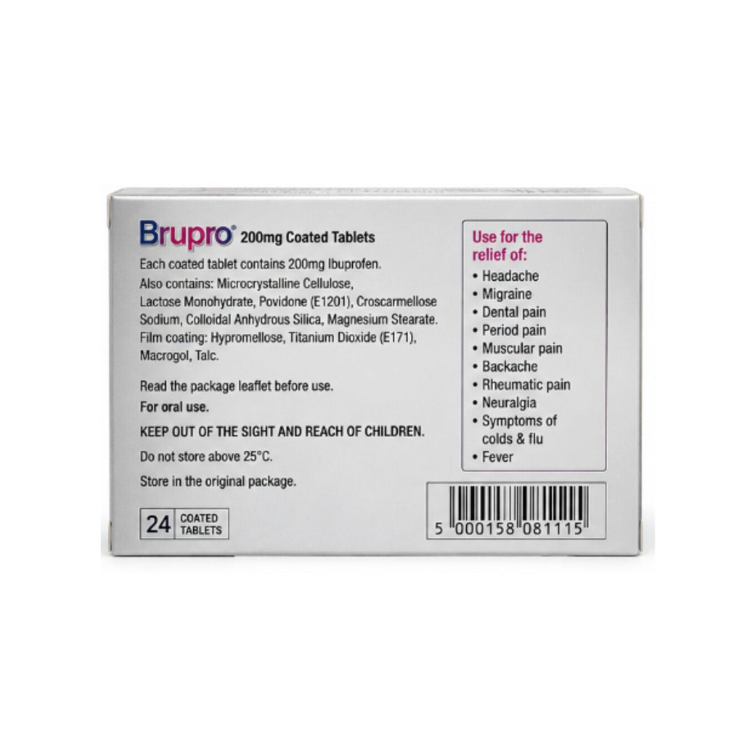 Brupro 200mg Ibuprofen 24 Tablets packaging (rear angle) on a white background