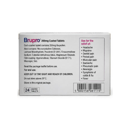 Brupro 200mg Ibuprofen 24 Tablets packaging (rear angle) on a white background