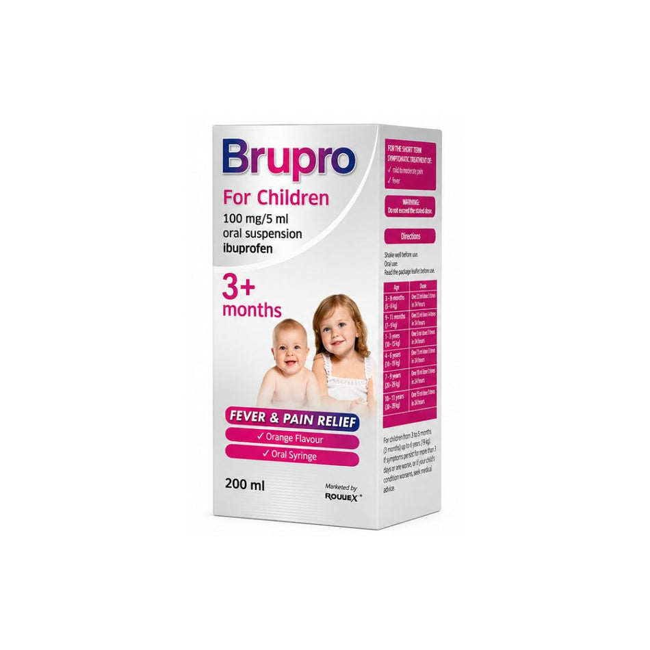 Brupro for Children 3+ Months 100mg/5ml Oral Suspension packaging on a white background
