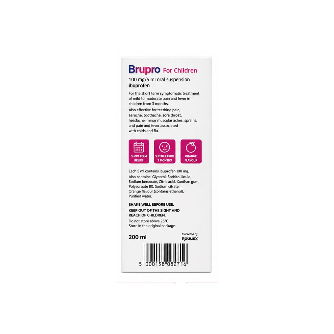 Brupro for Children 3+ Months 100mg/5ml Oral Suspension packaging (side angle) on a white background