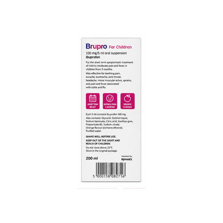 Brupro for Children 3+ Months 100mg/5ml Oral Suspension packaging (side angle) on a white background