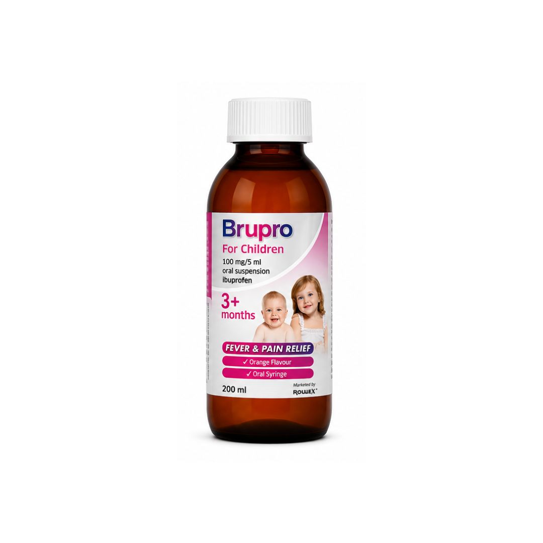 Brupro for Children 3+ Months 100mg/5ml Oral Suspension bottle on a white background