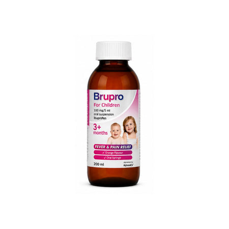 Brupro for Children 3+ Months 100mg/5ml Oral Suspension bottle on a white background