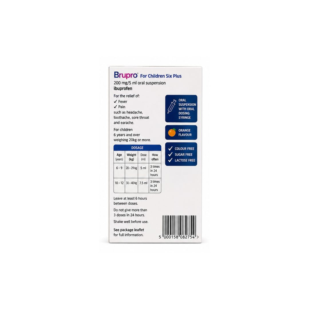 Brupro for Children Six Plus packaging (rear view) on a white background