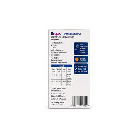 Brupro for Children Six Plus packaging (rear view) on a white background