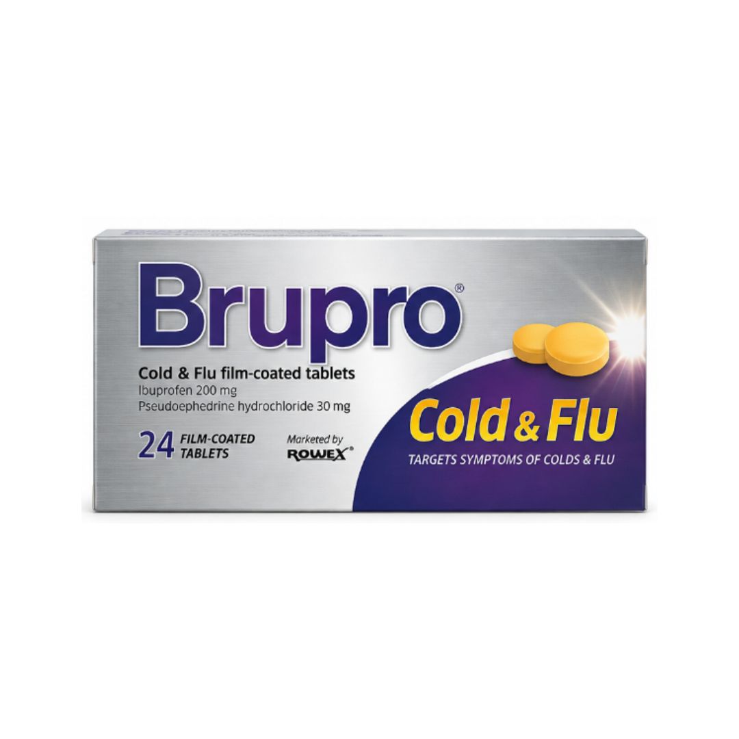 Brupro Cold & Flu 200mg/30mg – 24 Film-Coated Tablets packaging on a white background