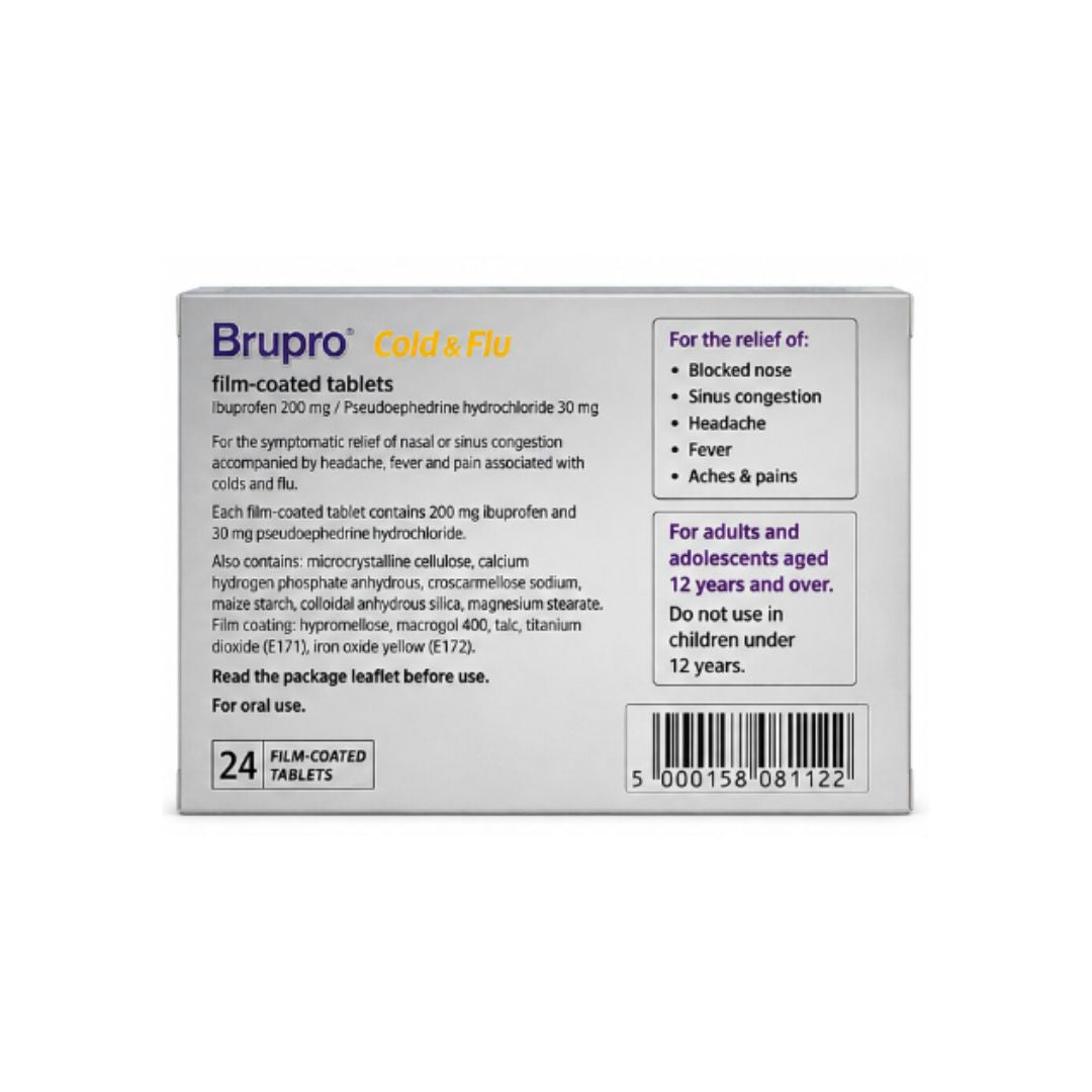 Brupro Cold & Flu 200mg/30mg – 24 Film-Coated Tablets packaging (rear angle) on a white background