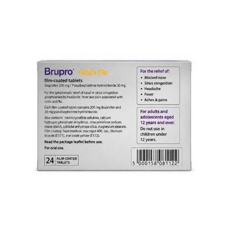 Brupro Cold & Flu 200mg/30mg – 24 Film-Coated Tablets packaging (rear angle) on a white background