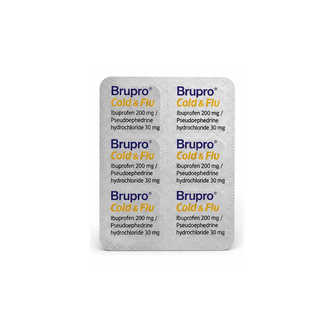 Brupro Cold & Flu 200mg/30mg – 12 Film-Coated Tablets on a white background