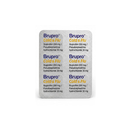 Brupro Cold & Flu 200mg/30mg – 12 Film-Coated Tablets on a white background