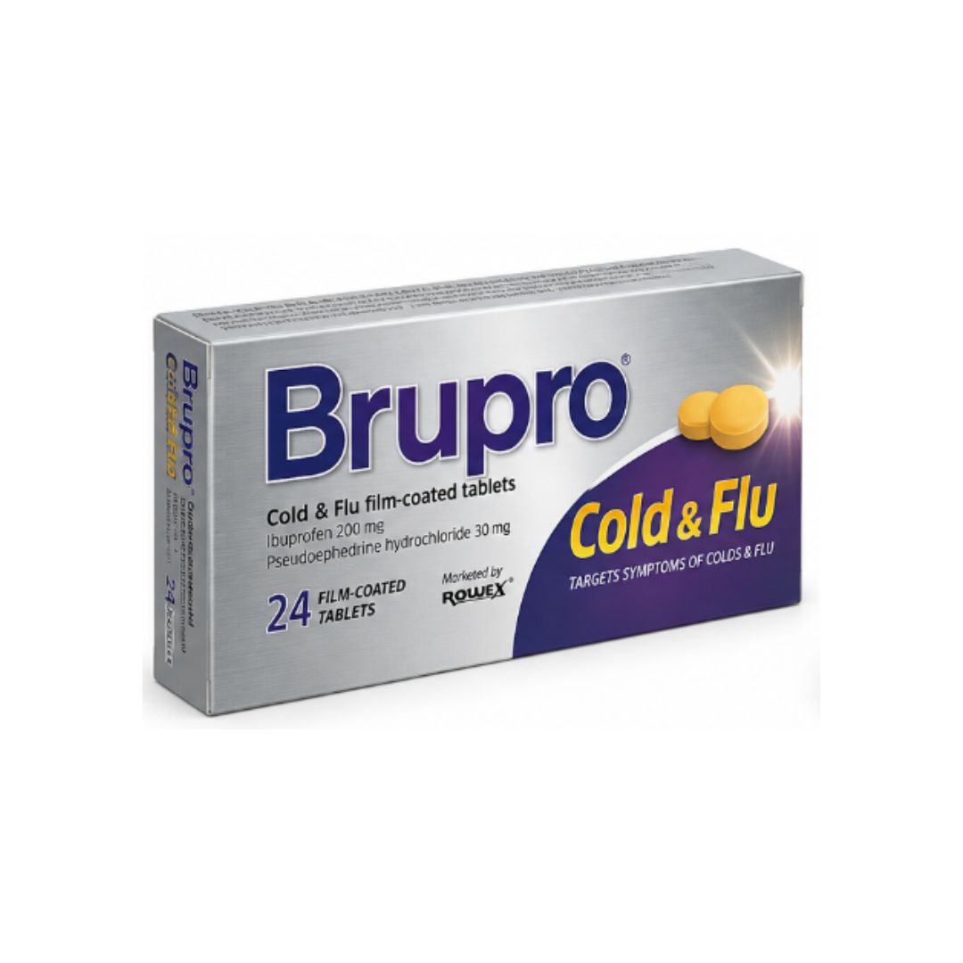 Brupro Cold & Flu 200mg/30mg – 24 Film-Coated Tablets packaging (side angle) on a white background
