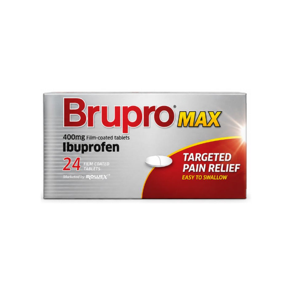 Brupro MAX 400mg Ibuprofen – 24 Film-Coated Tablets packaging on a white background