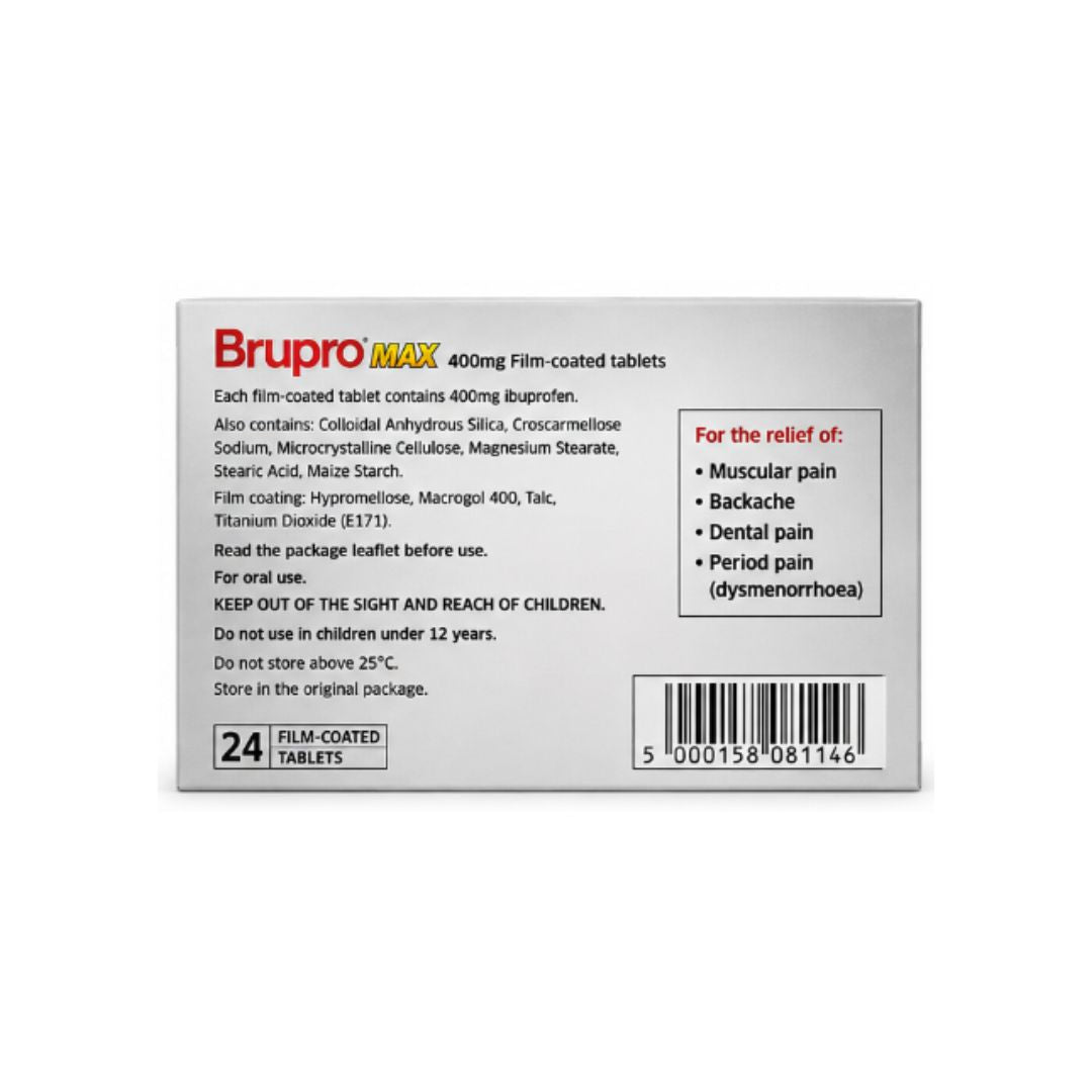 Brupro MAX 400mg Ibuprofen – 24 Film-Coated Tablets packaging (rear view) on a white background