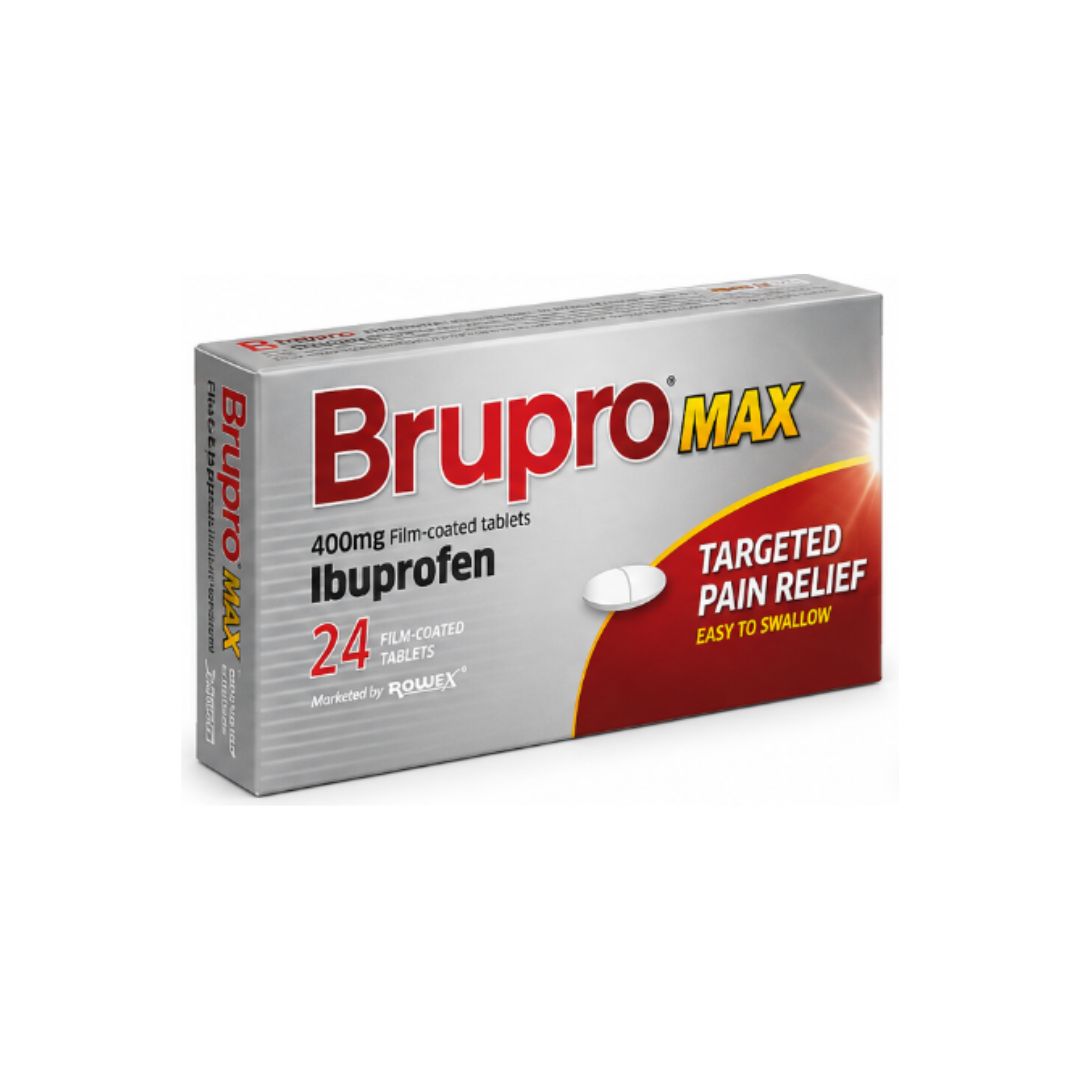Brupro MAX 400mg Ibuprofen – 24 Film-Coated Tablets packaging (side view) on a white background