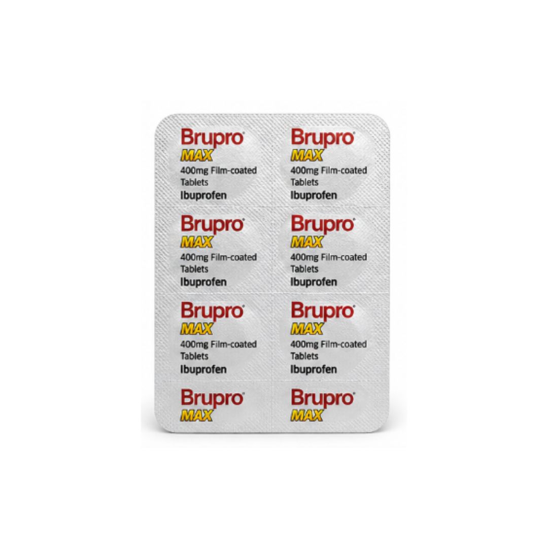 Brupro MAX 400mg Ibuprofen – 12 Film-Coated Tablets on a white background
