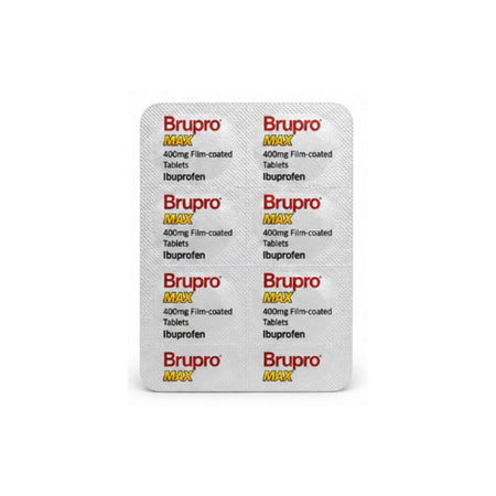 Brupro MAX 400mg Ibuprofen – 12 Film-Coated Tablets on a white background