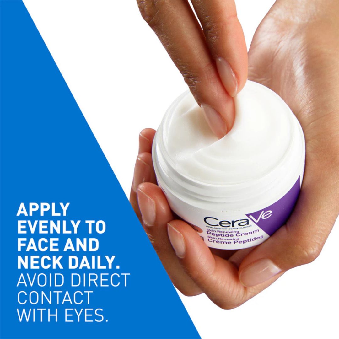 CeraVe jar of cream held by a hand with application instructions on a blue and white background