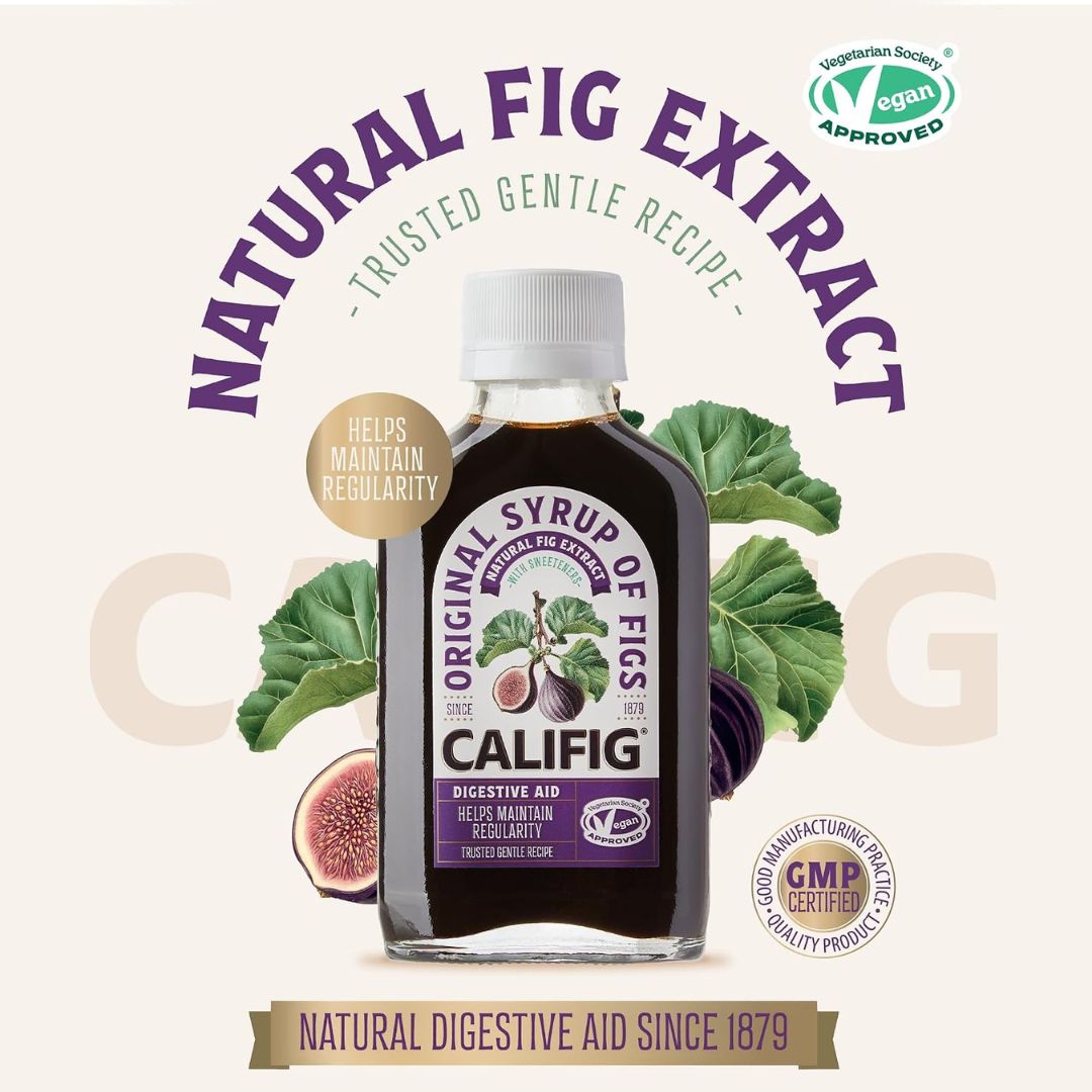Califig Syrup of Figs 100ml 'NATURAL EXTRACT' graphic of the product bottle on a cream background