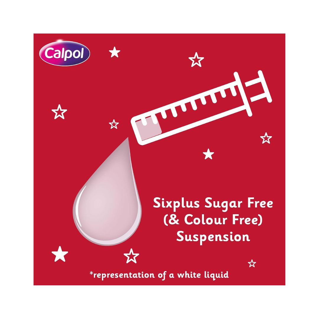 Calpol SixPlus 250mg/5ml Oral Suspension product information graphic on a red background