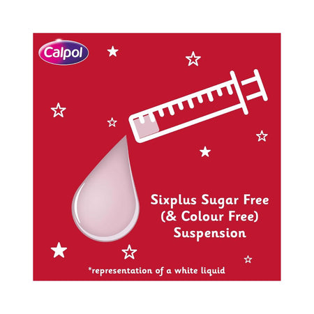 Calpol SixPlus 250mg/5ml Oral Suspension product information graphic on a red background