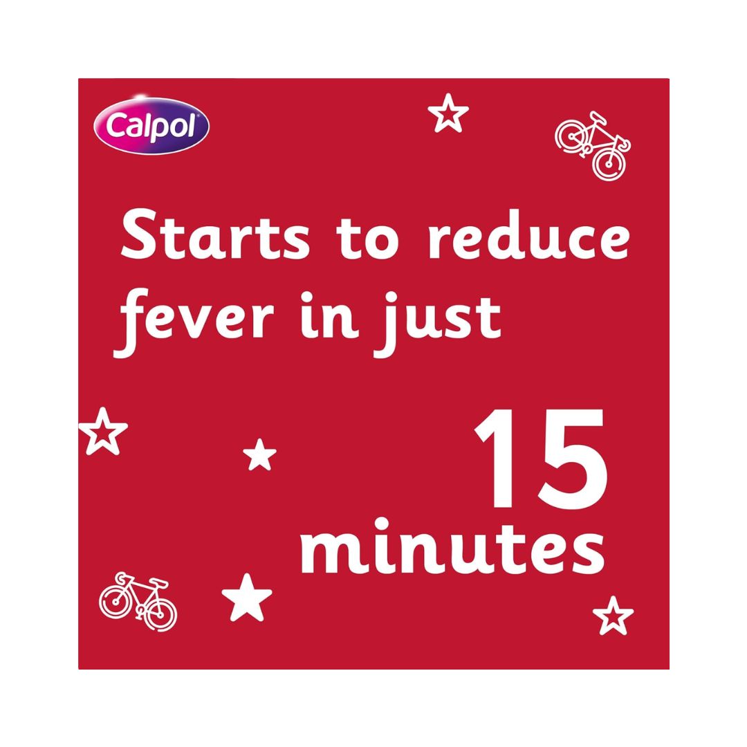 Calpol SixPlus 250mg/5ml Oral Suspension  '15 minutes' graphic on a red background