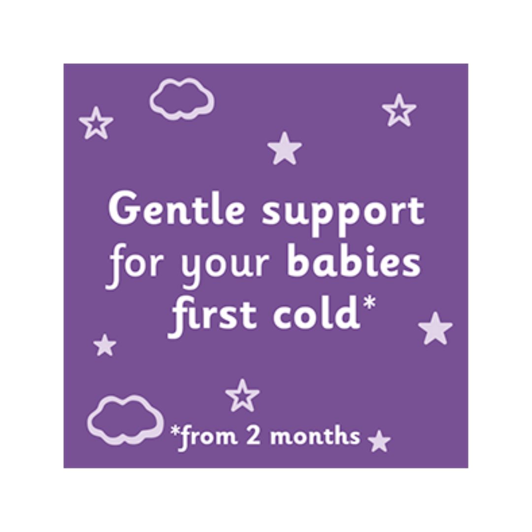 Calpol Infant 120mg/5ml Oral Suspension 'Gentle support for your babies first cold' graphic on a purple background