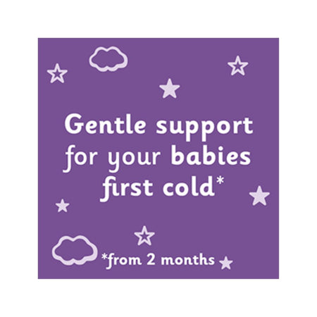 Calpol Infant 120mg/5ml Oral Suspension 'Gentle support for your babies first cold' graphic on a purple background