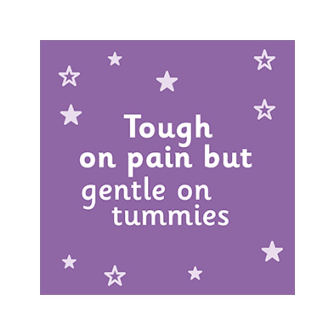 Calpol Infant 120mg/5ml Oral Suspension 'Tough on pain' graphic on a white background