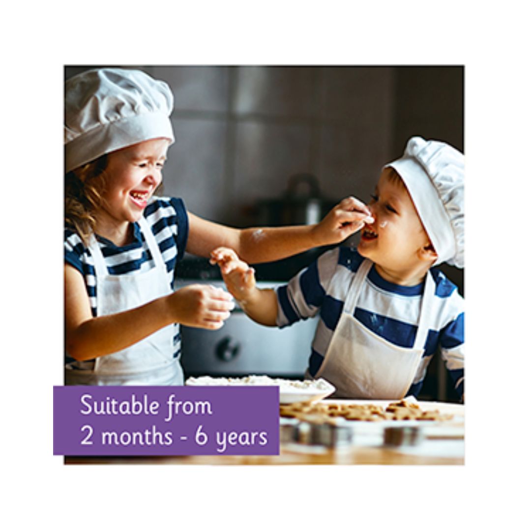 Calpol Infant 120mg/5ml Oral Suspension image of children baking with the caption 'suitable from 2 months - 6 years'