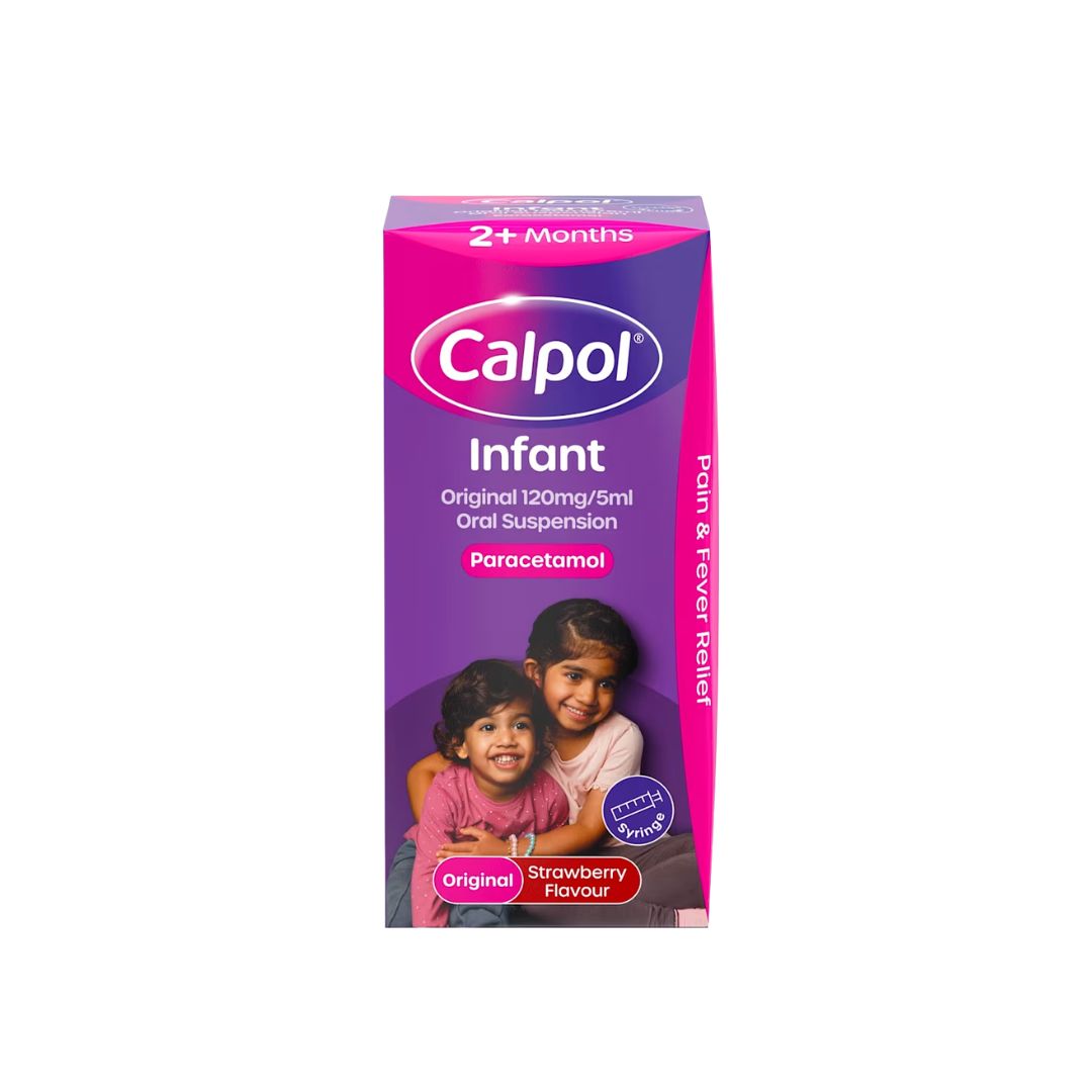 Calpol Infant 120mg/5ml Oral Suspension packaging on a white background