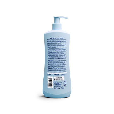 A 500ml bottle of after sun lotion with an integrated pump dispenser, shown from the back against a plain white background.