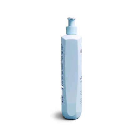 A tall, light blue plastic pump bottle with a matching pump dispenser, shown from a side angle on a clean white background.