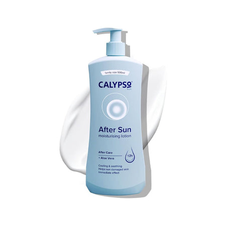 A 300ml pump bottle of Calypso After Sun moisturising lotion, shown against a white background with a white cream smear behind it.