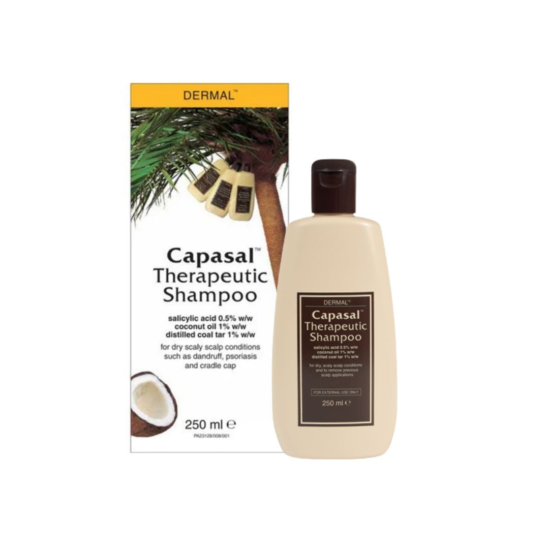 A bottle of Dermal Capasal Therapeutic Shampoo next to its retail box, featuring a beige bottle with a dark brown cap and label, and a matching box with a palm tree graphic, on a plain white background.