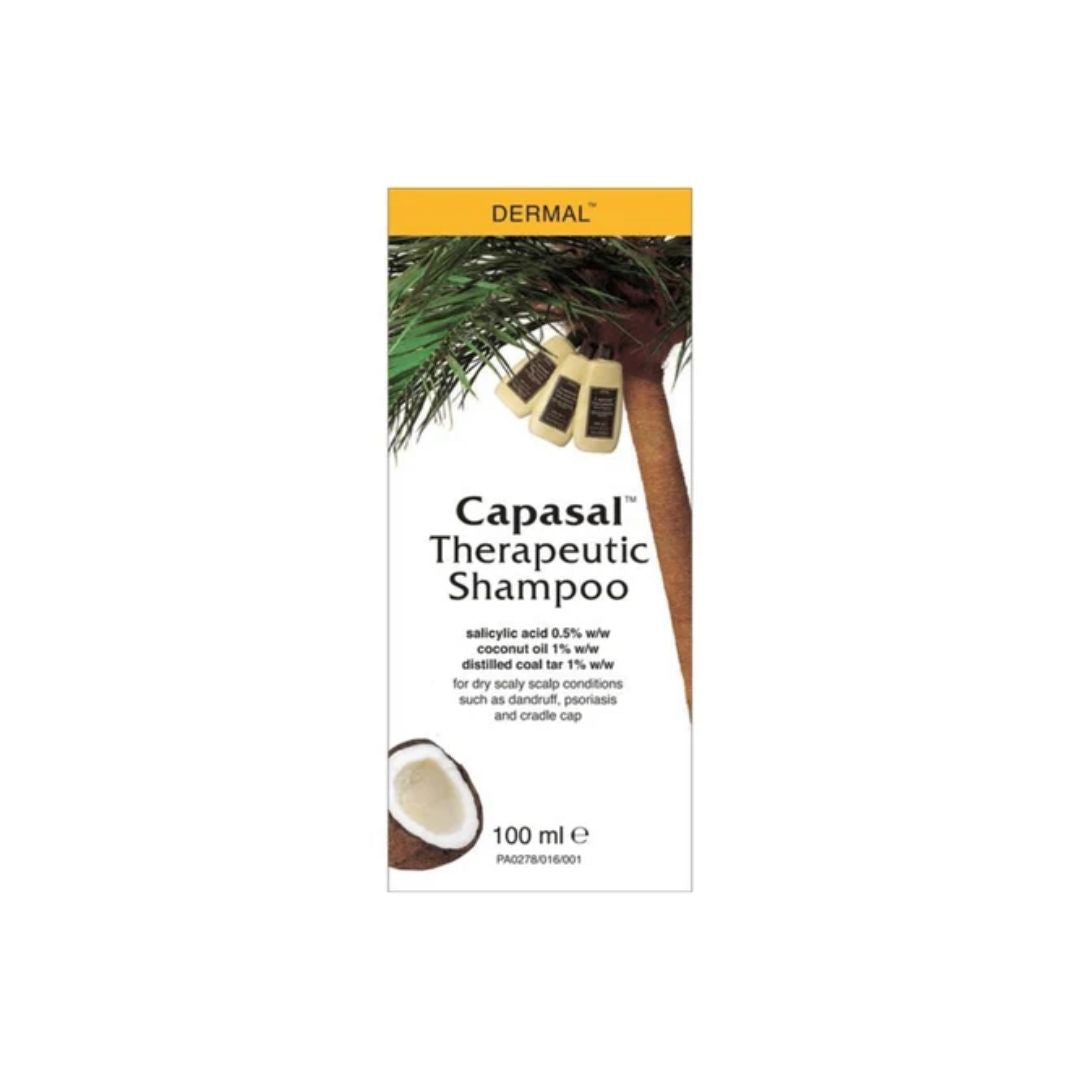 A 100 ml box of Dermal Capasal Therapeutic Shampoo, featuring a white and orange design with a picture of a coconut tree and a small coconut illustration.
