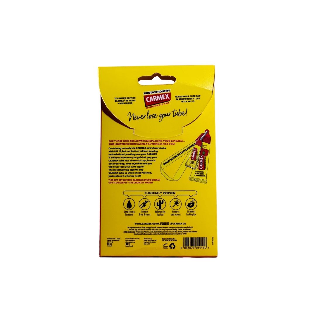 Carmex Limited Edition Keyring Gift Set packaging (rear angle) on a white background