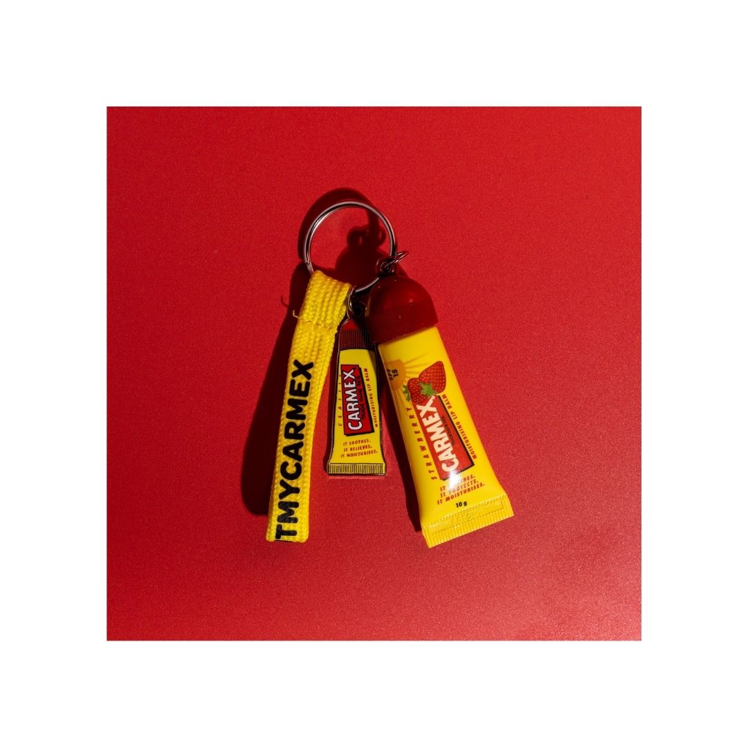 Carmex Limited Edition Keyring on a red background