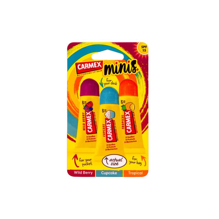 Carmex Minis SPF15 Lip Balm 3 Pack on a white background