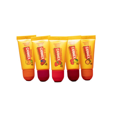 Carmex Minis Lip Balm 5 Pack contents on a white background