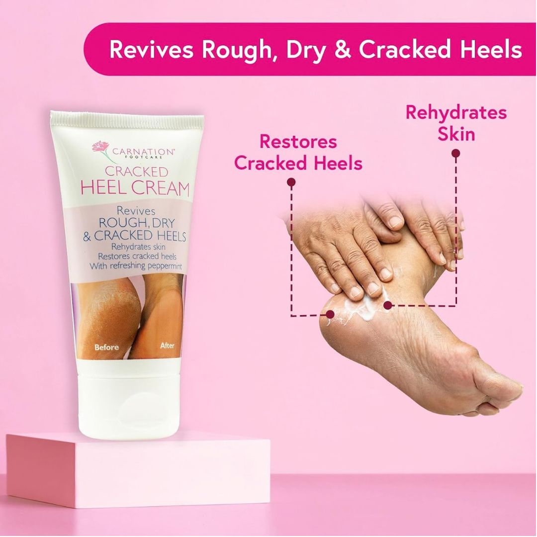 Carnation Naturals Cracked Heel Cream tube displayed on a pink background with a before-and-after heel graphic and text explaining the product's benefits.
