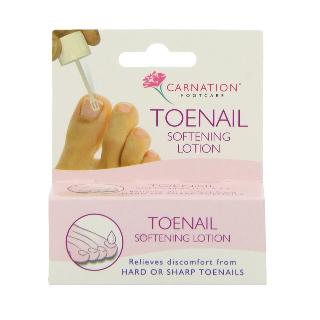 Carnation Footcare Toenail Softening Lotion in its original retail packaging, featuring a pink and white box with an illustration of a hand applying lotion.