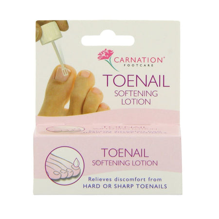 Carnation Footcare Toenail Softening Lotion in its original retail packaging, featuring a pink and white box with an illustration of a hand applying lotion.