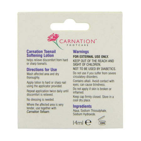 Front of a Carnation Footcare Toenail Softening Lotion package card, showing product name, directions, warnings, ingredients, and 14ml volume on a light beige background.