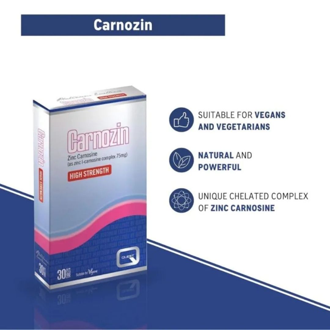A product listing graphic for Carnozin Zinc Carnosine. The image shows a silver and blue box of high strength Carnozin on the left, with three key selling points listed on the right: 'Suitable for vegans and vegetarians', 'Natural and powerful', and 'Unique chelated complex of zinc carnosine'.