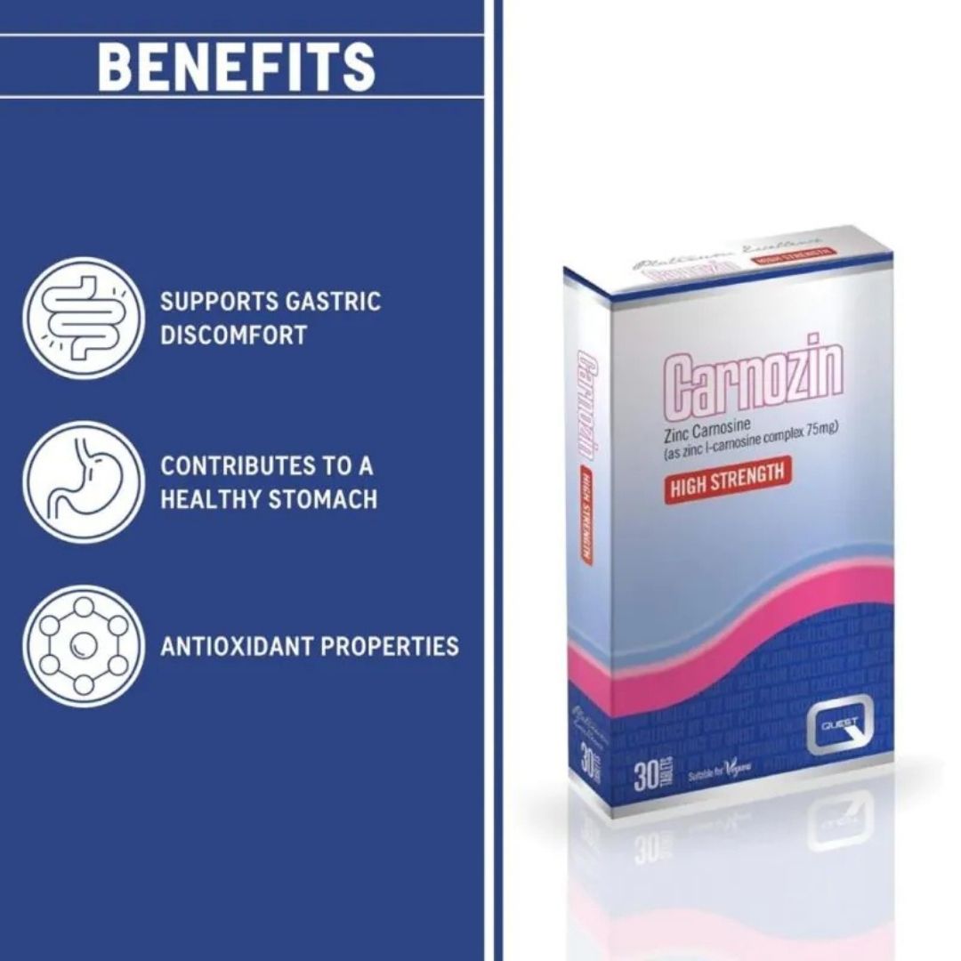 A product box for Carnozin Zec Carmine High Strength is shown next to a blue panel with text listing benefits: supports gastric discomfort, contributes to a healthy stomach, and has antioxidant properties.