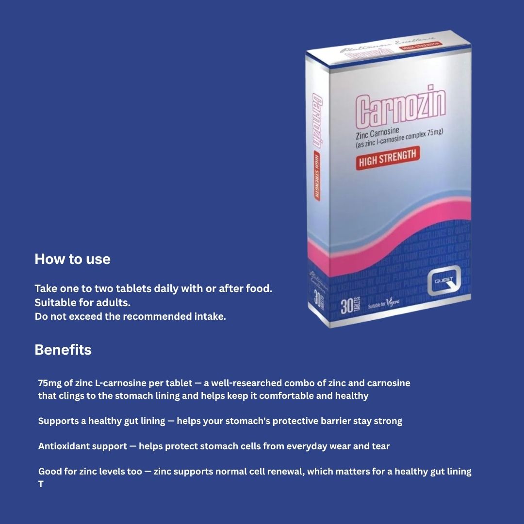 A product information graphic for Carozin Zinc Carnosine tablets. The image features a 30-count box of the product on the right, set against a dark blue background with white text detailing the 'How to use' instructions and benefits on the left.