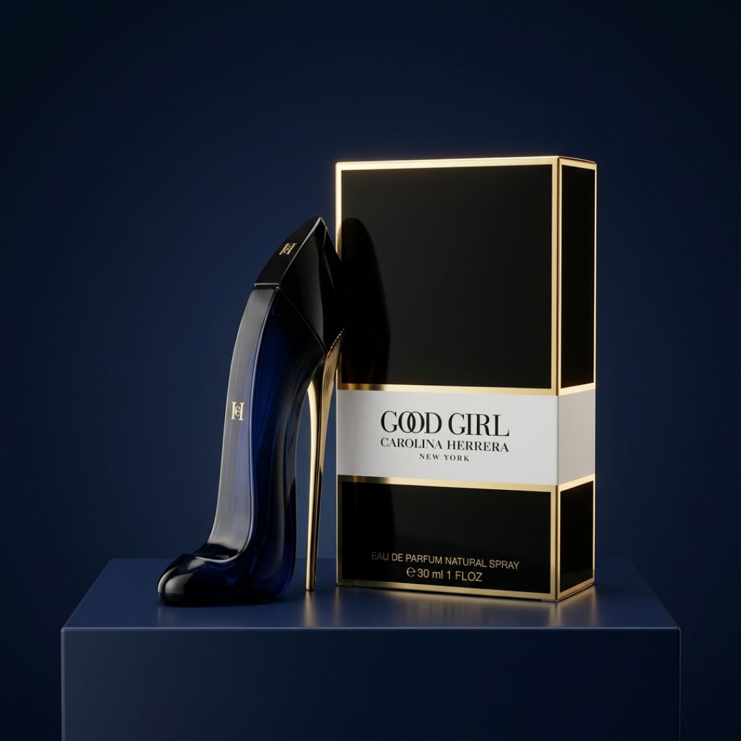 Carolina Herrera Good Girl Eau de Parfum 30ml on a navy podium with a dark blue background