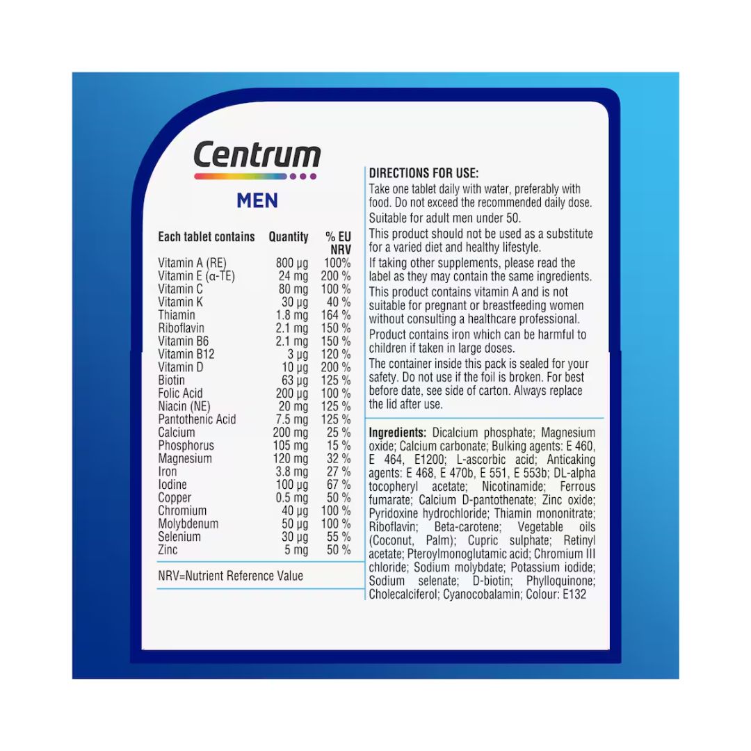 Centrum Men Multivitamin Ingredients and Nutrition Chart